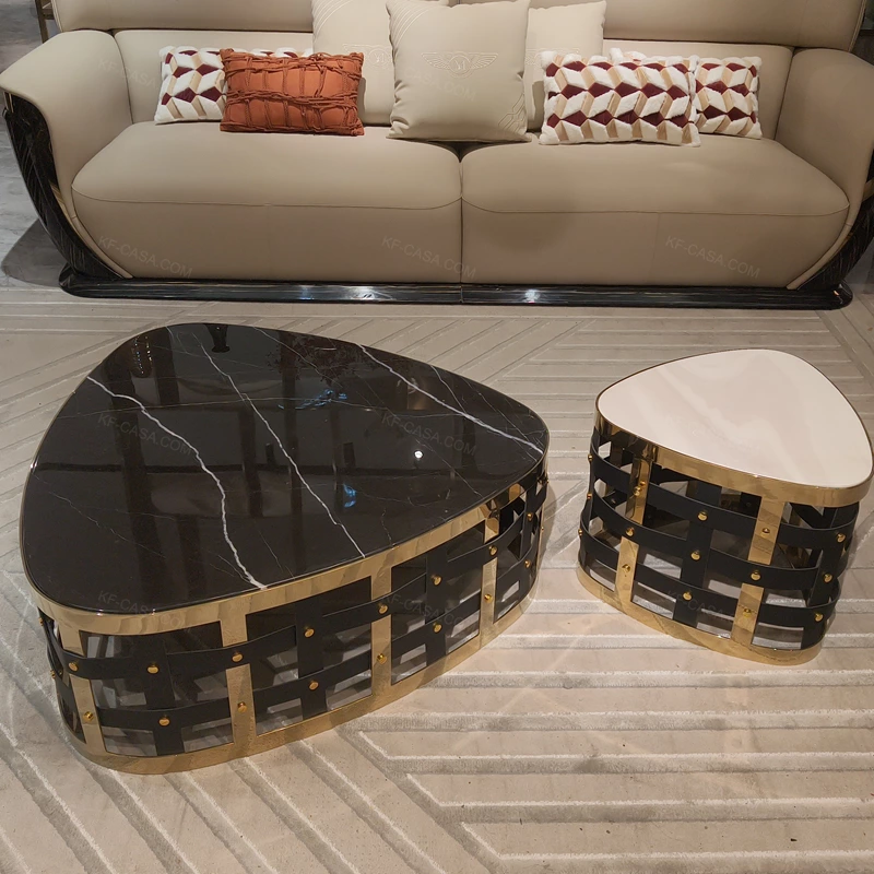 Geometric Marble Coffee Table with Open Grid Base and Gold Metal Trim